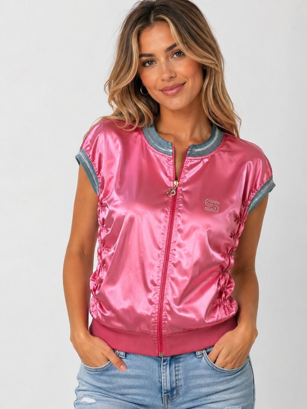 NWT Sport Master Collection Womens M Pink Satin Y2K Zip Front Bomber Top